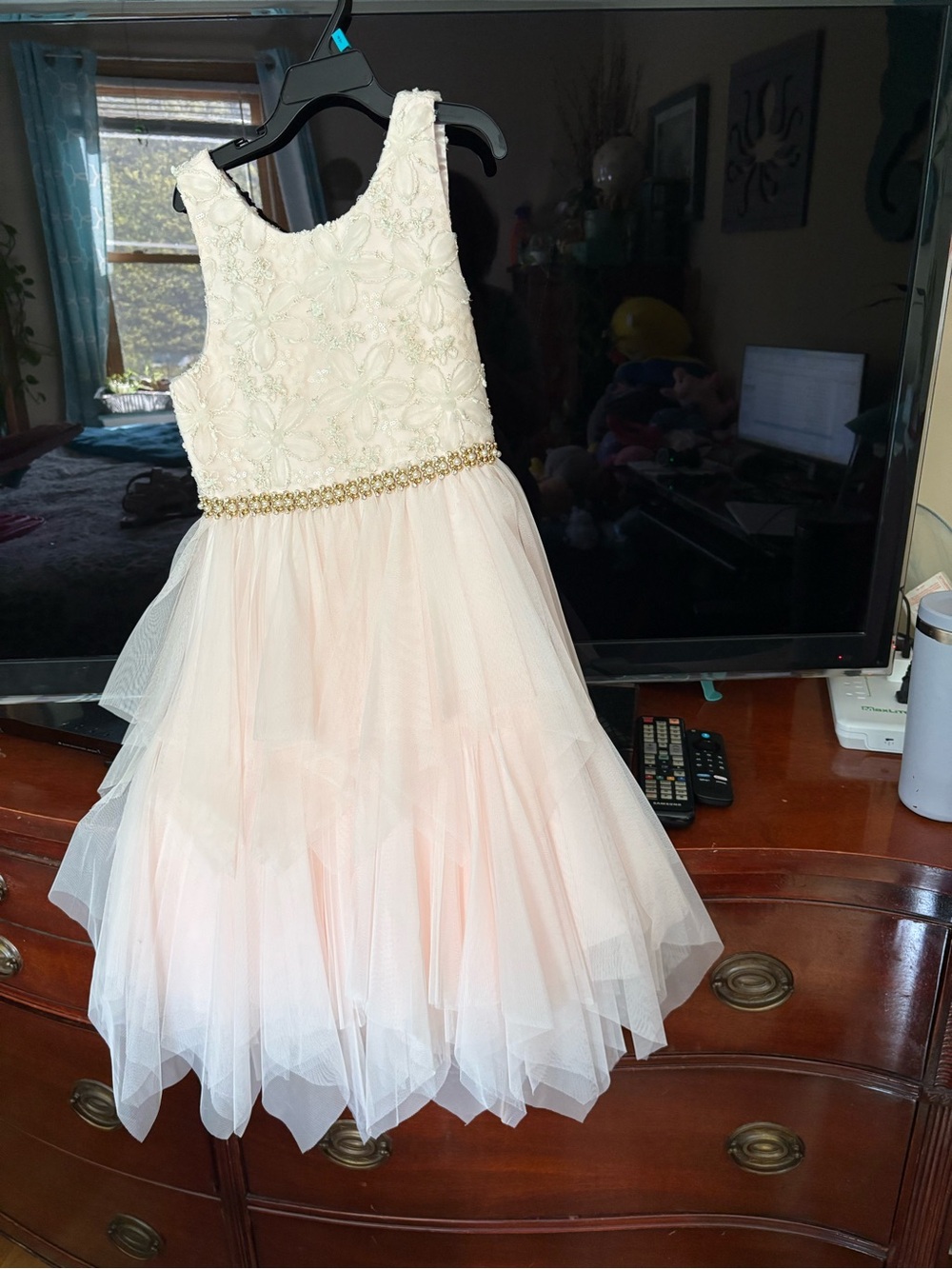 Girls Ivory and Blush Tulle Party Dress with Beaded Waist